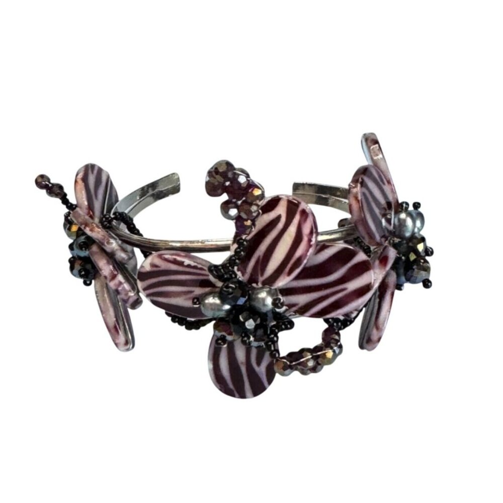 Purple Zebra Print Glass Flower Cuff Bracelet Beaded Accents Statement Jewelry 7